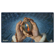 MTG Playmat - Tarkir: Dragonstorm - Mox Jasper - Rectangular playmat featuring detailed art of hands holding a glowing stone with fiery core, surrounded by blue textured.