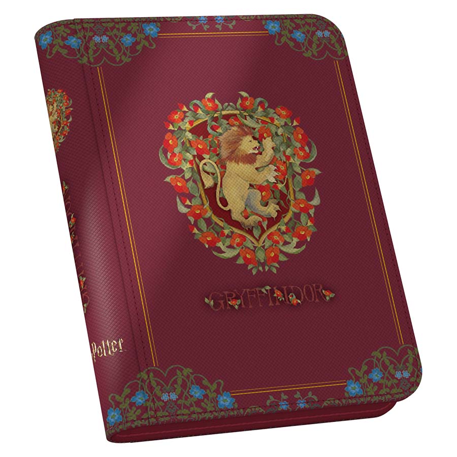 Ultimate Guard Zipfolio 160+ Binder: Harry Potter 4 Houses - Gryffindor - Maroon zip binder with gold Gryffindor lion crest and ornate blue corner designs.