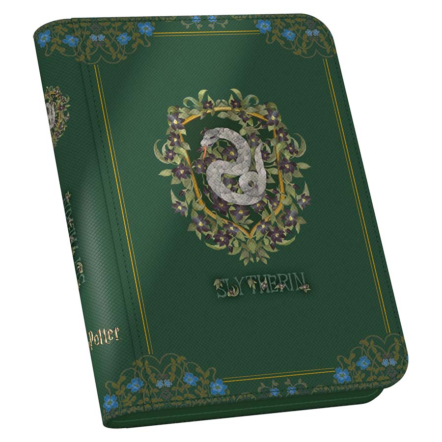 Ultimate Guard Zipfolio 160+ Binder: Harry Potter 4 Houses - Slytherin - Dark green zippered card binder with ornate silver snake emblem and "Slytherin" text, decorative corner accents.