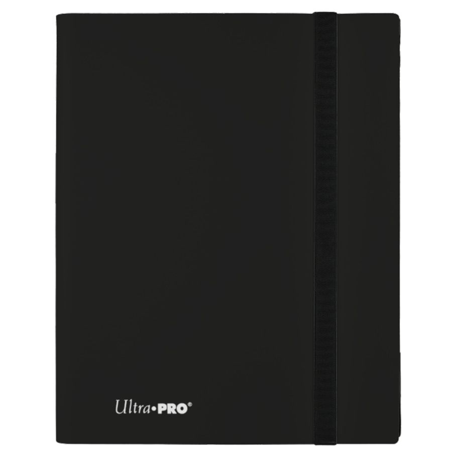 Ultra Pro Eclipse 9-Pocket Pro Binder - Jet Black - Jet black card binder with smooth finish, elastic closure strap, and Ultra PRO logo at bottom corner.