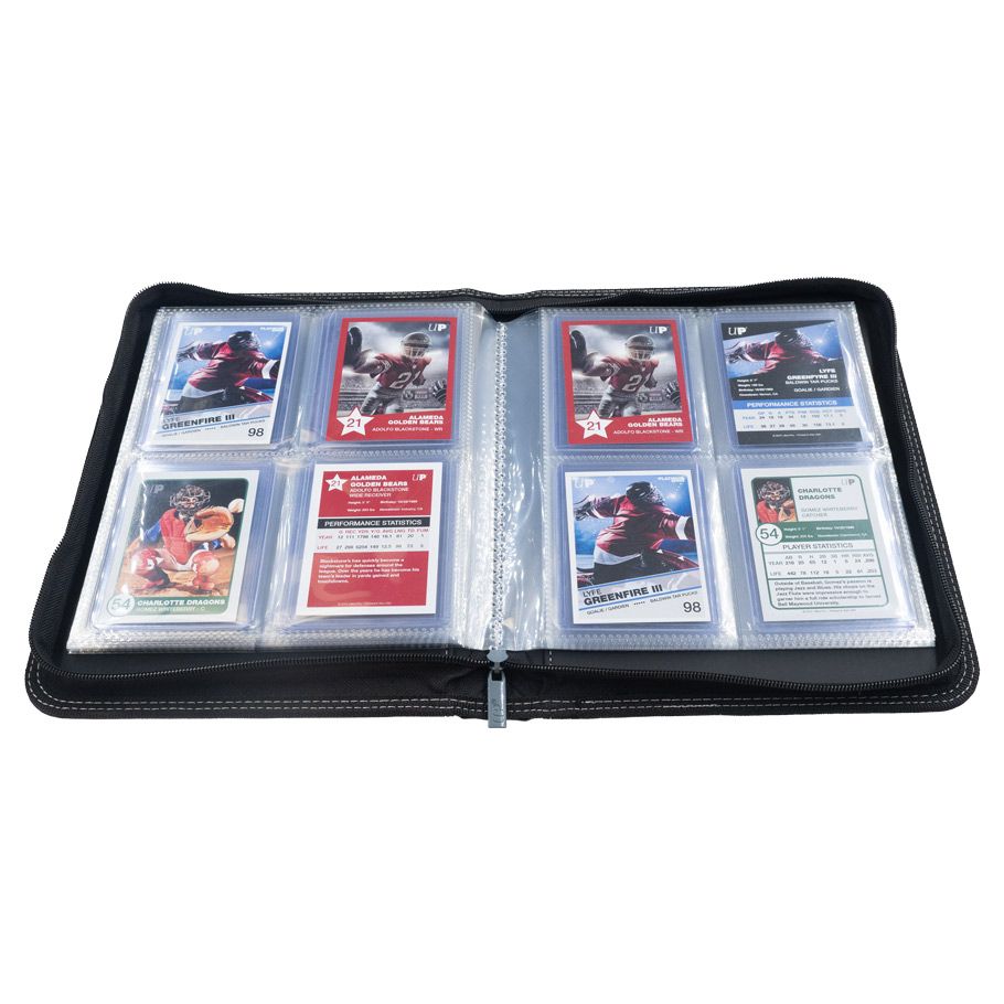 Binder: 4-Pocket: PRO: Zippered: Toploader: Black - Black zippered binder open to reveal 4-pocket clear plastic pages holding collectible cards.