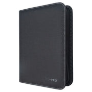Binder: 4-Pocket: PRO: Zippered: Toploader: Black - Black zippered binder with textured cover, white stitching, and compact toploader design.