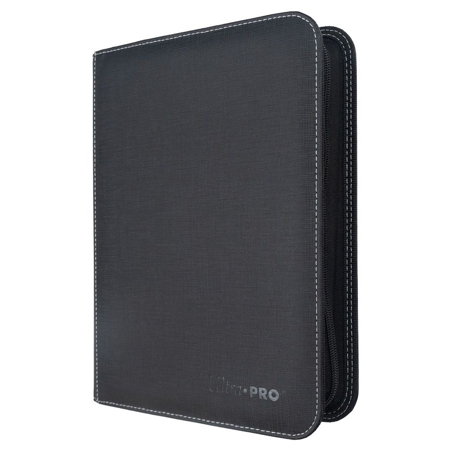 Binder: 4-Pocket: PRO: Zippered: Toploader: Black - Black zippered binder with textured cover, white stitching, and compact toploader design.