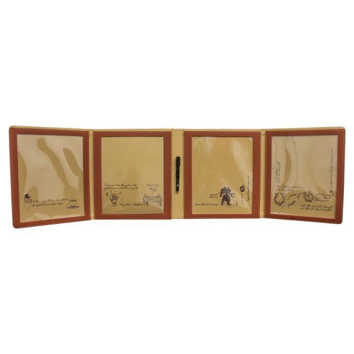 Critical Role: Caleb Widogast's Game Master Spell Book - Foldable game master screen with tan panels and brown frame, featuring fantasy-themed illustrations and a central dry-erase.