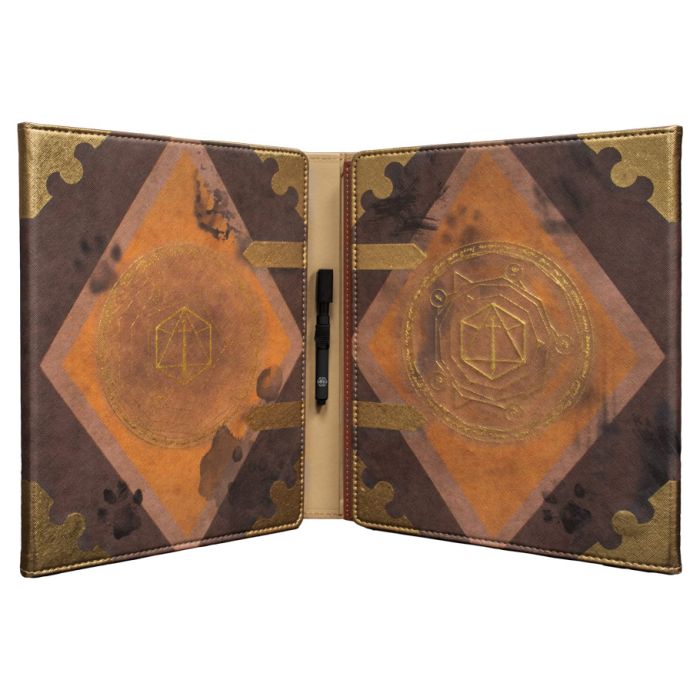 Critical Role: Caleb Widogast's Game Master Spell Book - Brown and tan leather-bound spell book cover with geometric patterns and gold embossed symbols, open flat.
