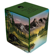 Deck Box: Alcove Flip: Bob Ross: Mountain Retreat - Rectangular deck box with hinged lid featuring a scenic painted mountain retreat with pine trees, cabin, lake, and sky.