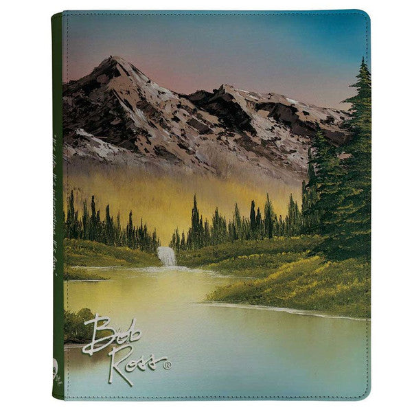 UP 9-Pocket Binder: PRO: Bob Ross: Mountain Retreat - Binder cover featuring a serene mountain landscape with snow-capped peaks, pine trees, and a reflective lake in soft sunset.