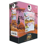 Deck Protector: Apex: Bob Ross: Mighty Mountain Lake - Rectangular deck protector box featuring Bob Ross-themed mountain landscape art with pink and orange hues, pine trees, and a