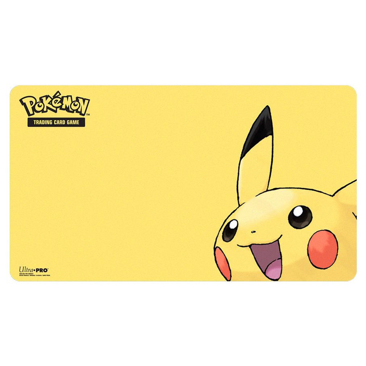 Ultra Pro Playmat: Pokémon - Pikachu - Rectangular yellow playmat featuring a large Pikachu face with black-tipped ears and red cheeks on the right side.