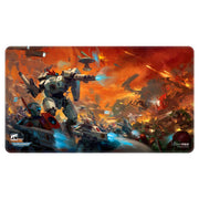 Playmat: Warhammer 40,000: Stitched Edge: T'au Empire - Rectangular Warhammer 40,000 playmat with stitched edges featuring T'au Empire battle scene in fiery orange and blue tones.