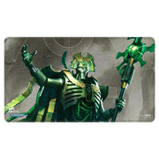 Playmat: Warhammer 40,000: Stitched Edge: Necron - Dark green and metallic silver stitched-edge playmat featuring a Necron warrior holding a glowing green staff against a.