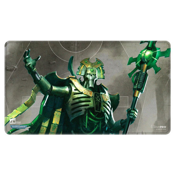 Playmat: Warhammer 40,000: Stitched Edge: Necron - Dark green and metallic silver stitched-edge playmat featuring a Necron warrior holding a glowing green staff against a.