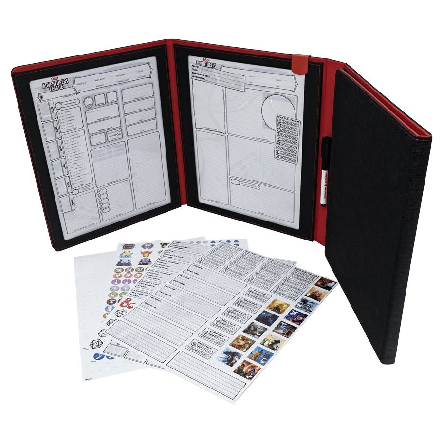 D&D: Premium Dungeon Master Screen - Black and red tri-fold Dungeons & Dragons Dungeon Master screen with character sheets and colorful reference cards displayed