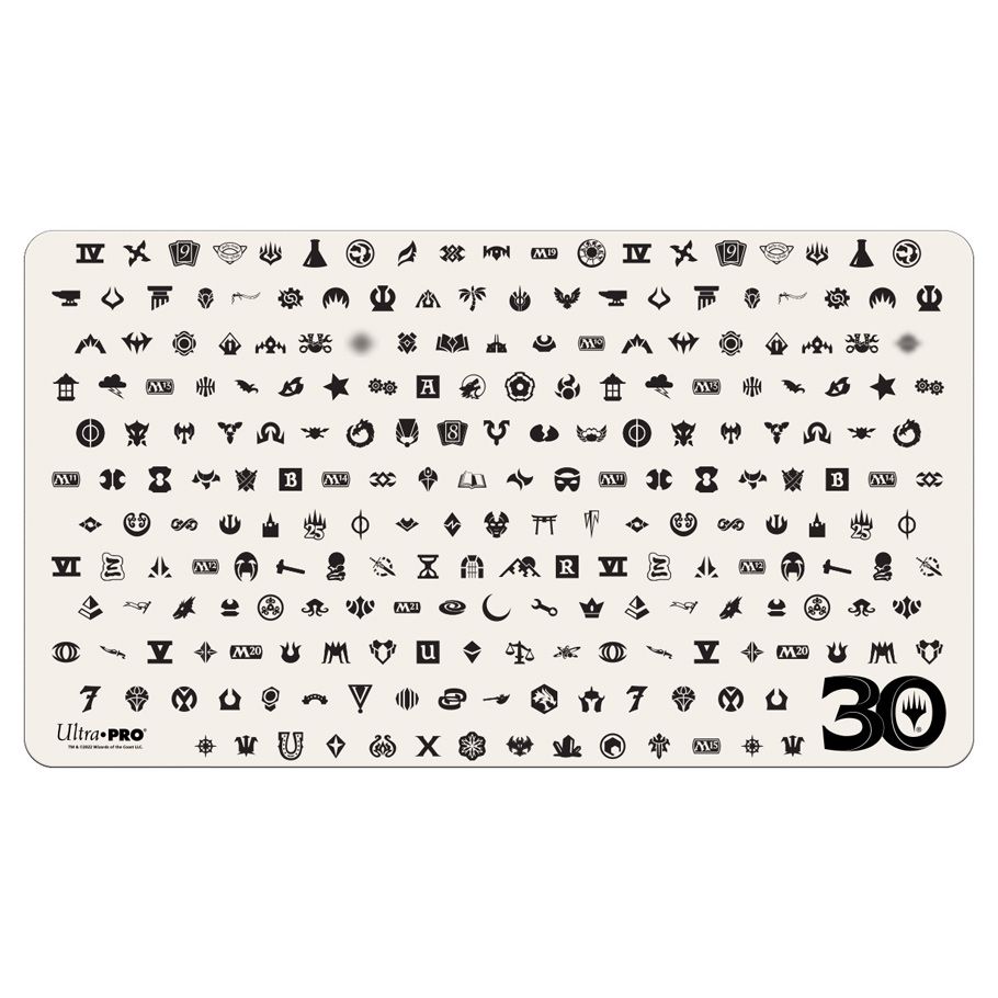 Playmat: Holofoil: Magic the Gathering: 30th Anniversary - White rectangular playmat covered with small black Magic the Gathering mana symbols and icons, "30" printed in bold at.