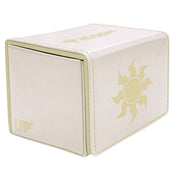 Deck Box: Alcove Flip: Magic the Gathering: Mana 8 Plains - White rectangular deck box with gold sun emblem and gold "UP" logo, designed for Magic the Gathering cards.