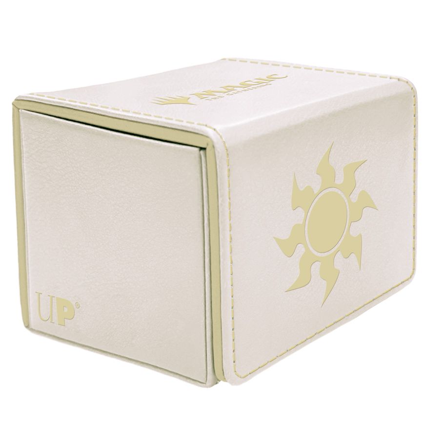Deck Box: Alcove Flip: Magic the Gathering: Mana 8 Plains - White rectangular deck box with gold sun emblem and gold "UP" logo, designed for Magic the Gathering cards.