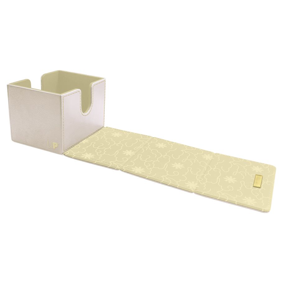Deck Box: Alcove Flip: Magic the Gathering: Mana 8 Plains - Light beige rectangular deck box with a flip-open lid featuring subtle floral patterns and a small gold label.