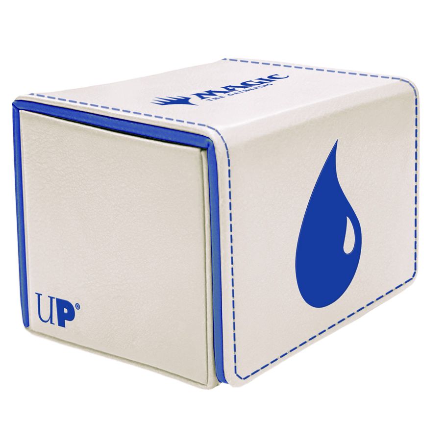 Deck Box: Alcove Flip: Magic the Gathering: Mana 8 Island - White rectangular deck box with blue water drop icon and blue stitched edges, designed for Magic the Gathering cards.