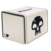 Deck Box: Alcove Flip: Magic the Gathering: Mana 8 Swamp - White cube deck box with black stitched edges, featuring a stylized black skull symbol and the "UP" logo on the side.