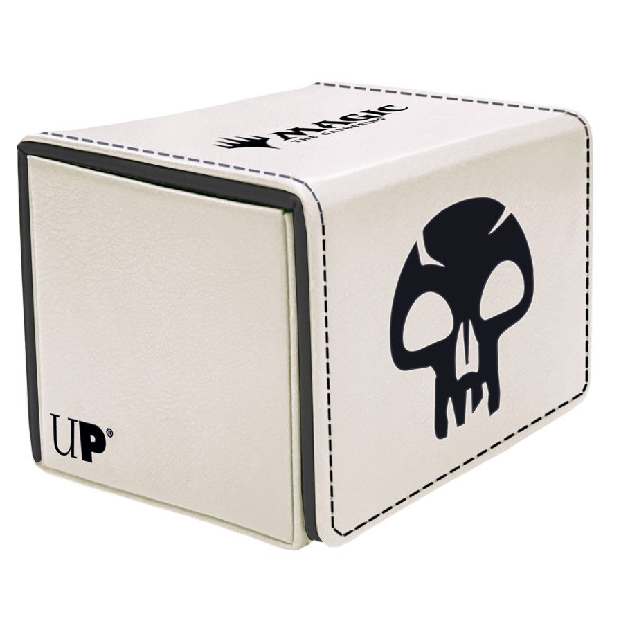 Deck Box: Alcove Flip: Magic the Gathering: Mana 8 Swamp - White cube deck box with black stitched edges, featuring a stylized black skull symbol and the "UP" logo on the side.
