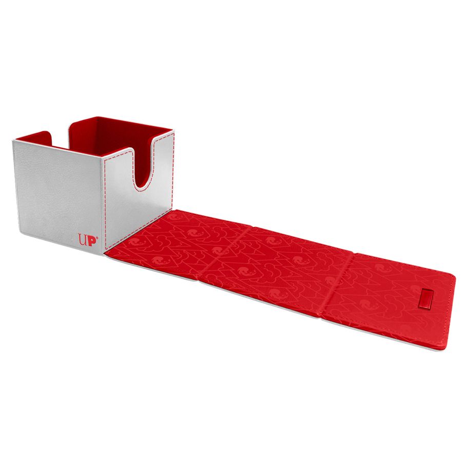 Deck Box: Alcove Flip: Magic the Gathering: Mana 8 Mountain - Silver and red flip deck box with embossed Magic the Gathering mana symbols, open to show card storage compartment and.