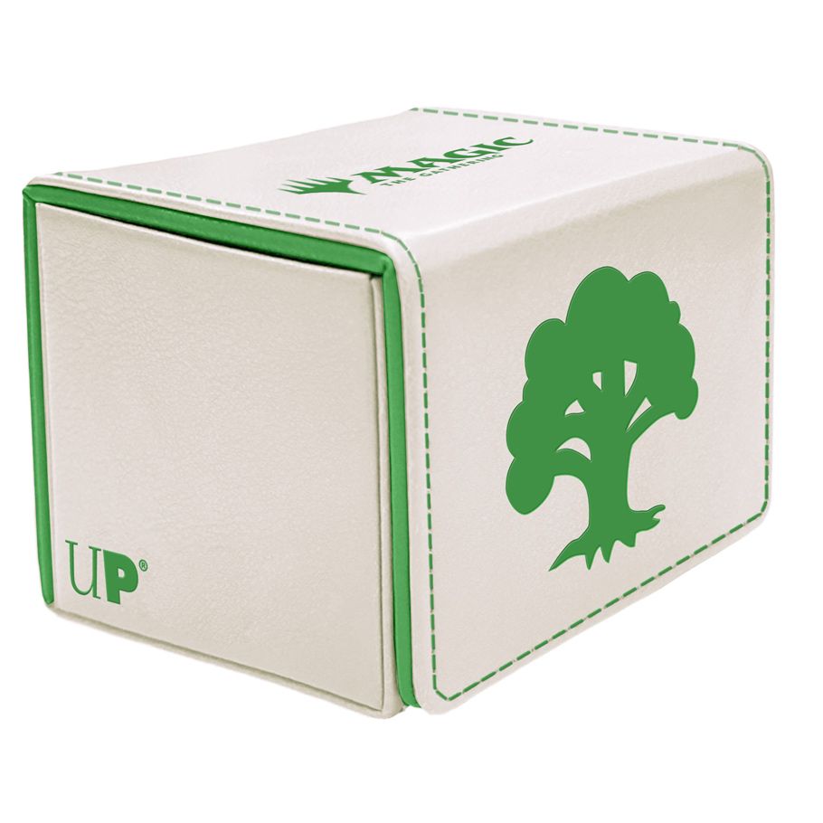 Deck Box: Alcove Flip: Magic the Gathering: Mana 8 Forest - White rectangular flip deck box with green tree graphic and green trim, designed for Magic the Gathering cards.