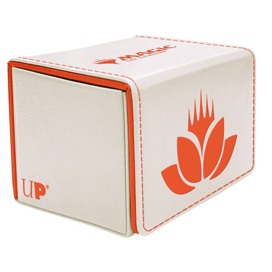 Deck Box: Alcove Flip: Magic the Gathering: Mana 8 Lotus - White rectangular deck box with orange lotus flower and flame logo, stitched edges, and flip-top lid.