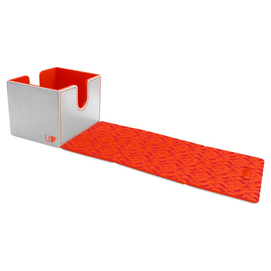Deck Box: Alcove Flip: Magic the Gathering: Mana 8 Lotus - Rectangular silver metal deck box with red interior and an extended red playmat featuring subtle leaf patterns.