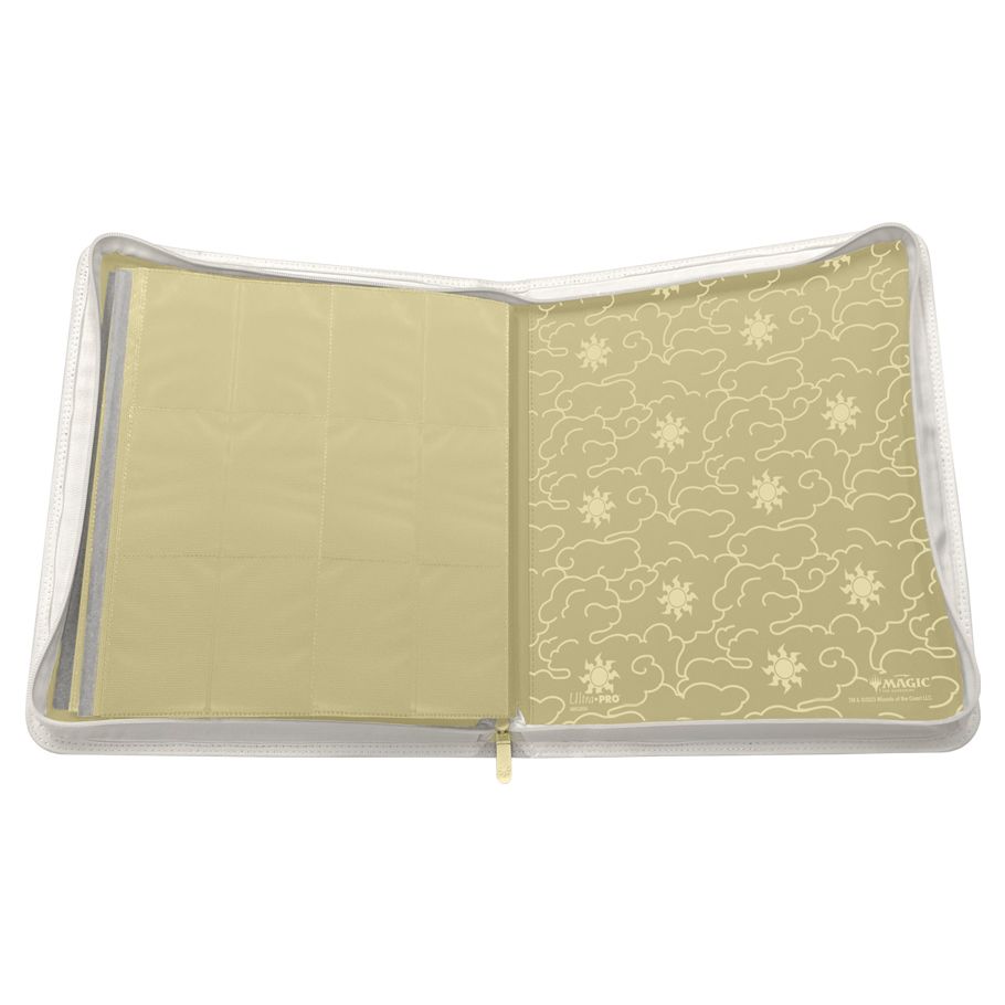 Binder: 12-Pocket: PRO: Magic the Gathering: Mana 8 Plains - Gray zippered binder open to show 12 flexible clear plastic pockets and beige interior with white floral patterns.