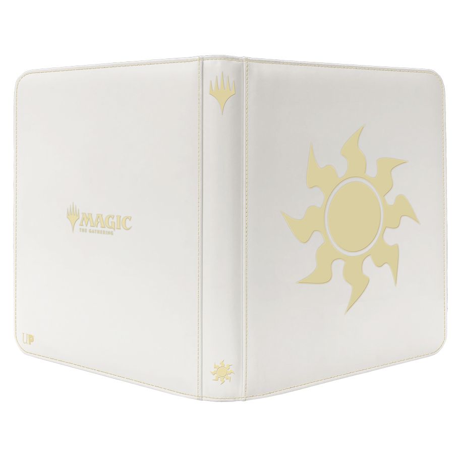 Binder: 12-Pocket: PRO: Magic the Gathering: Mana 8 Plains - White binder with gold Magic the Gathering mana symbol and 12-pocket storage design.