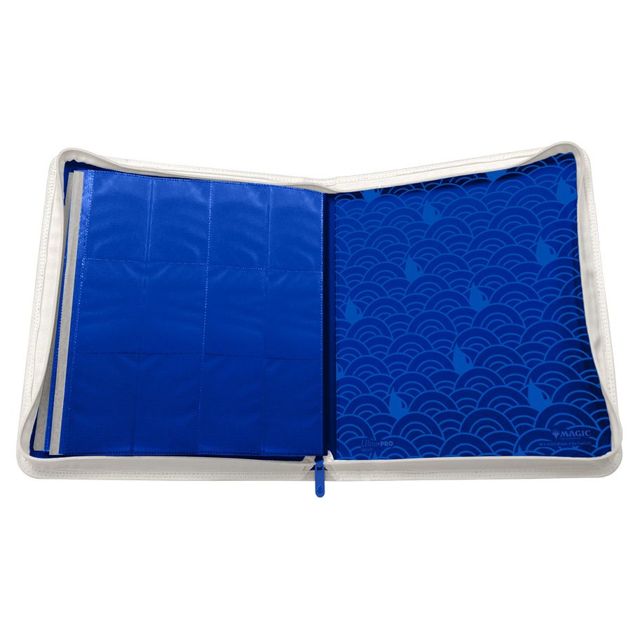 Binder: 12-Pocket: PRO: Magic the Gathering: Mana 8 Island - Blue zippered card binder open to show 12 clear plastic pockets and blue interior with wave pattern.