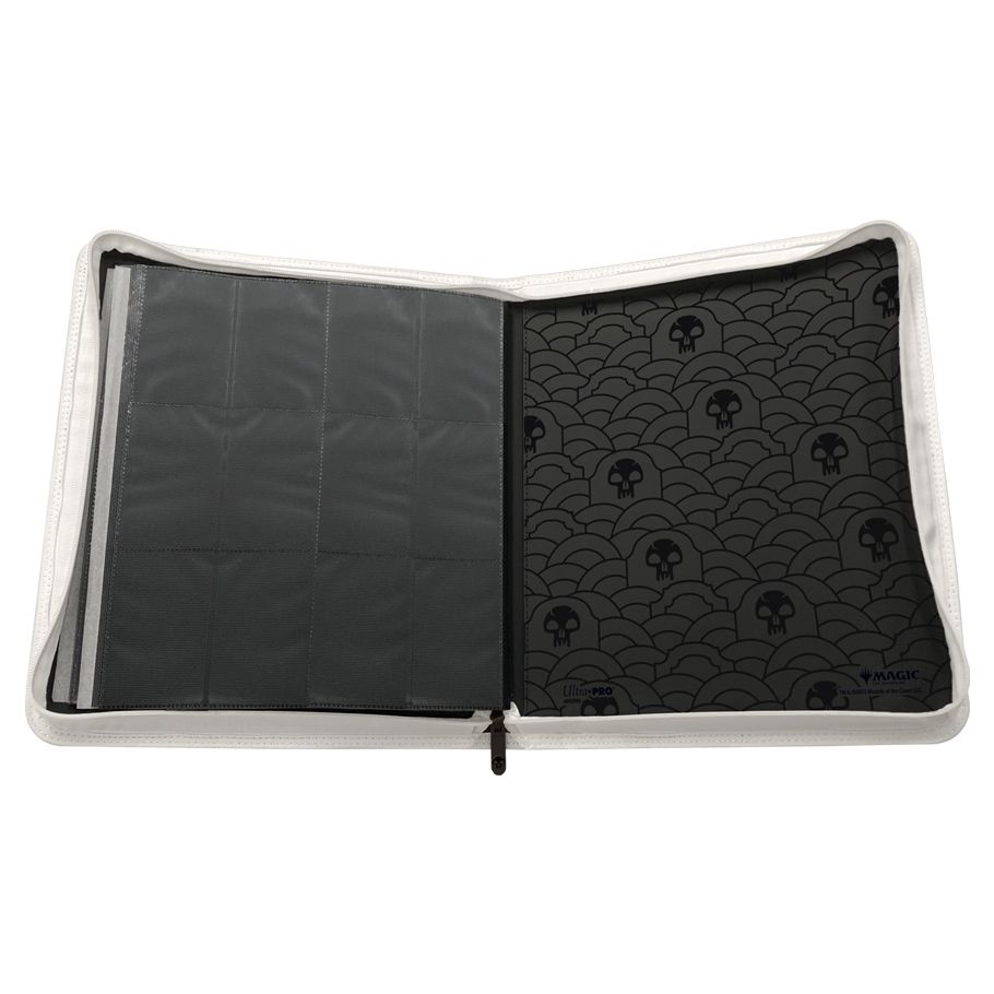 Binder: 12-Pocket: PRO: Magic the Gathering: Mana 8 Swamp - White zippered binder open to show clear plastic 12-pocket sleeves on left and black interior with repeating stylized skull.