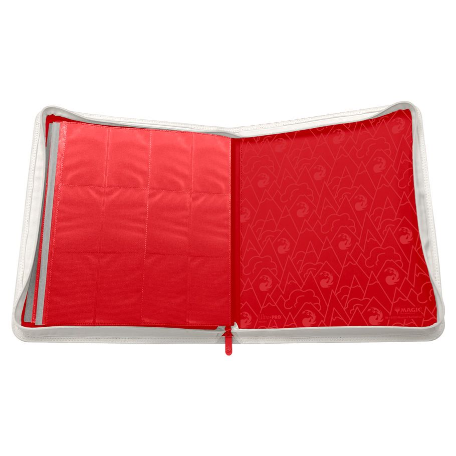 Binder: 12-Pocket: PRO: Magic the Gathering: Mana 8 Mountain - Red zippered binder open to show twelve red plastic card sleeves with a subtle patterned backing and a light gray border.