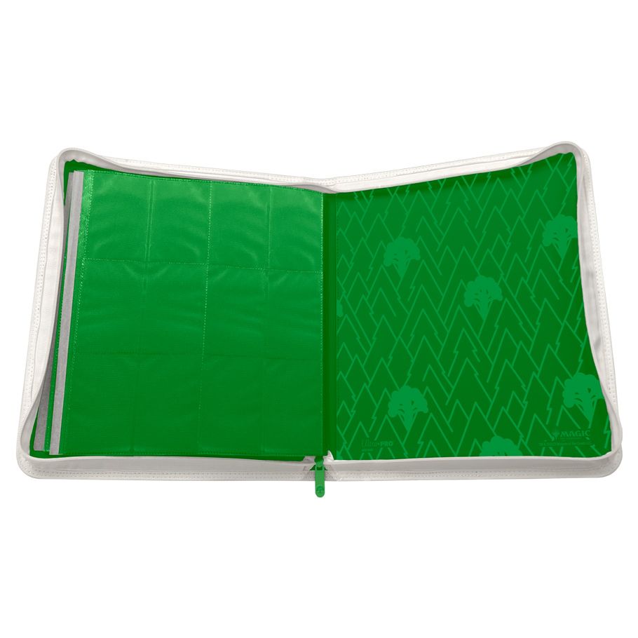 Binder: 12-Pocket: PRO: Magic the Gathering: Mana 8 Forest - White zippered binder open to show green interior with 12 clear card pockets and subtle forest leaf pattern on right side.