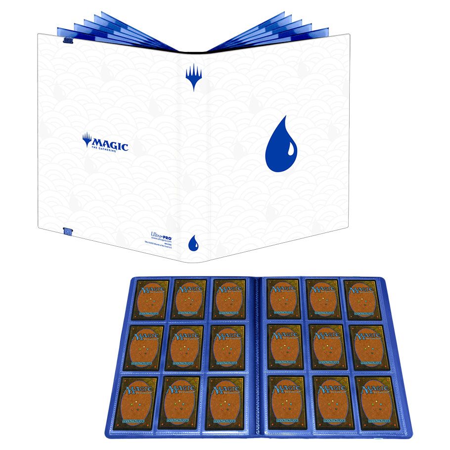 Binder: 9-Pocket: PRO: Magic the Gathering: Mana 8 Island - White and blue 9-pocket card binder with Magic the Gathering logo and water drop symbol, open to show two pages of card.