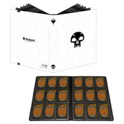 Binder: 9-Pocket: PRO: Magic the Gathering: Mana 8 Swamp - White binder with black mana skull symbol and Magic the Gathering logo, open showing 9-pocket black card pages filled with.