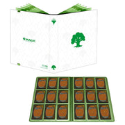 Binder: 9-Pocket: PRO: Magic the Gathering: Mana 8 Forest - White binder with green Magic the Gathering logo and tree symbol, holding 9-pocket green card sleeves displaying Magic cards.