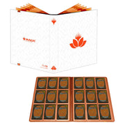 Binder: 9-Pocket: PRO: Magic the Gathering: Mana 8 Lotus - White and orange 9-pocket binder with Magic the Gathering lotus logo and card sleeves holding collectible cards.