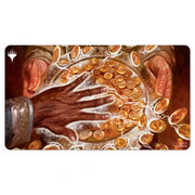 Ultra Pro Playmat -Magic the Gathering: Commander Masters: Smothering Tithe - Playmat featuring a pair of hands reaching toward a glowing pile of golden coins with warm, rich brown and orange tones.
