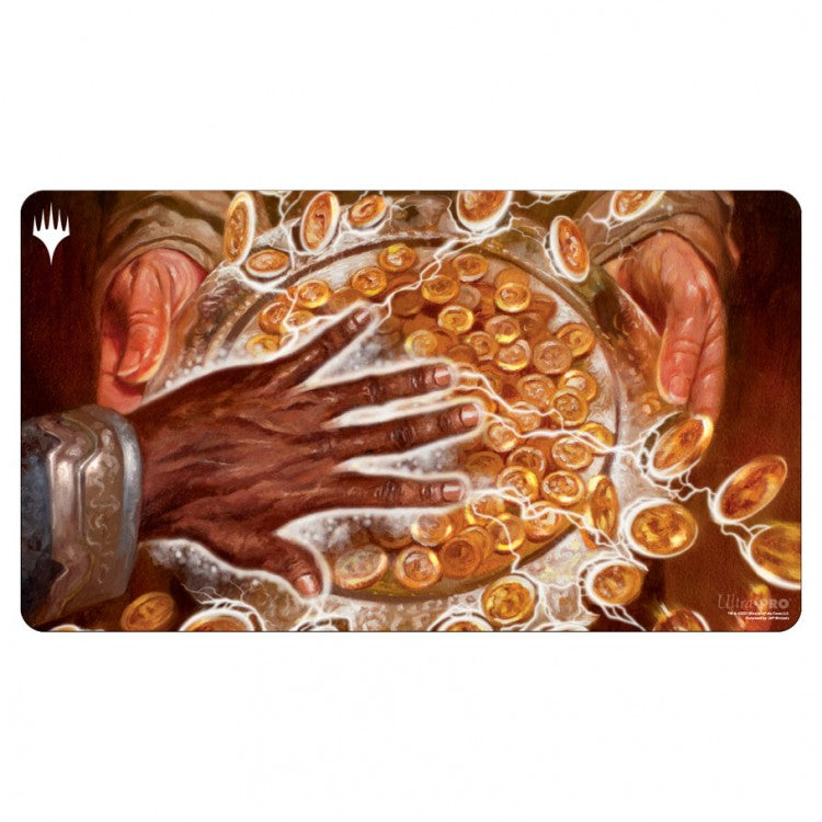 Ultra Pro Playmat -Magic the Gathering: Commander Masters: Smothering Tithe - Playmat featuring a pair of hands reaching toward a glowing pile of golden coins with warm, rich brown and orange tones.