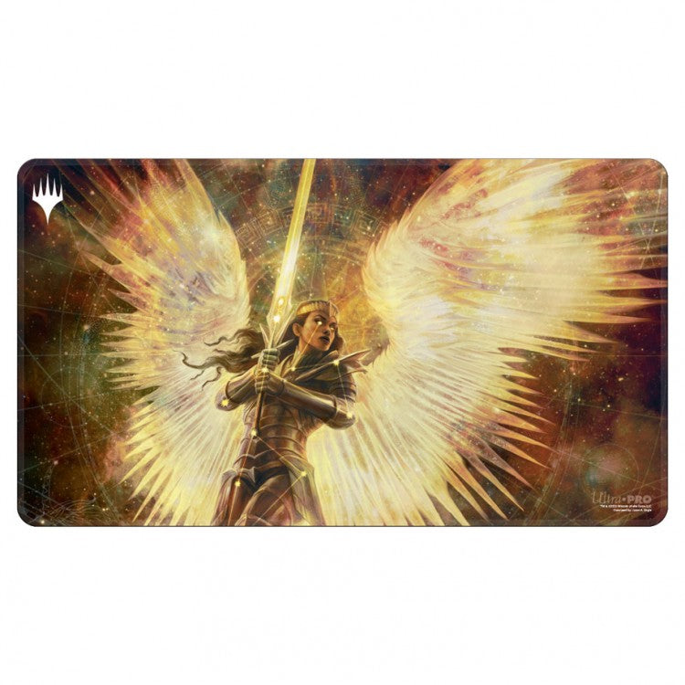 Ultra Pro Playmat - MTG March of the Machine: The Aftermath: White Stitched V1 - Gaming playmat featuring a winged armored figure holding a glowing sword against a fiery, cosmic background with dark red.