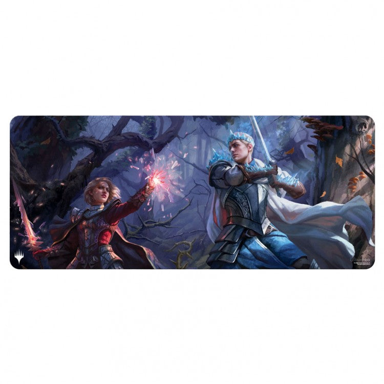 Ultra Pro Table Playmat: Magic The Gathering: Wilds of Eldraine 6ft - Magic The Gathering Wilds of Eldraine playmat with detailed fantasy artwork of a knight and mage in a dark forest setting,.