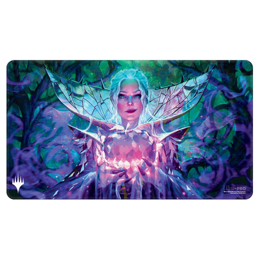 Ultra Pro Playmat - Wilds of Eldraine - Holofoil - Rectangular playmat with vibrant blue and purple hues featuring a mystical female figure with glowing hands, surrounded by.