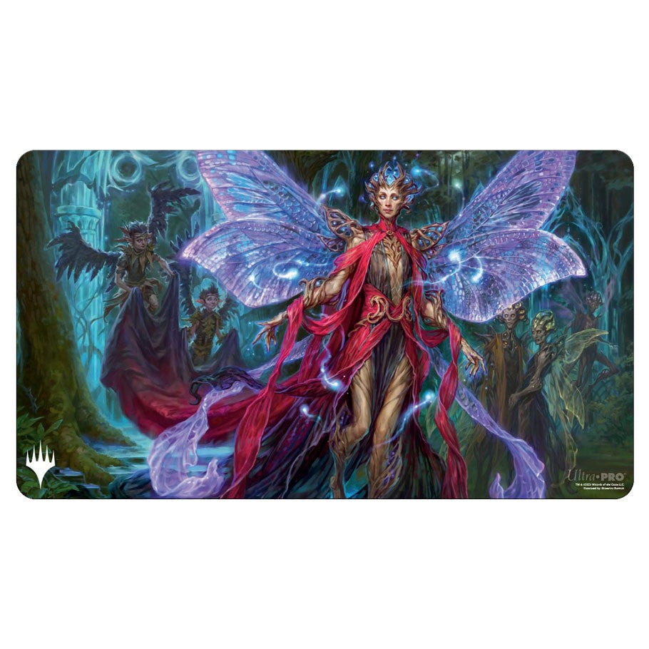 Ultra Pro Playmat - Wilds of Eldraine - Tegwyll - Playmat with vivid fantasy artwork featuring a fairy with glowing purple wings and red flowing robes in a mystical forest.