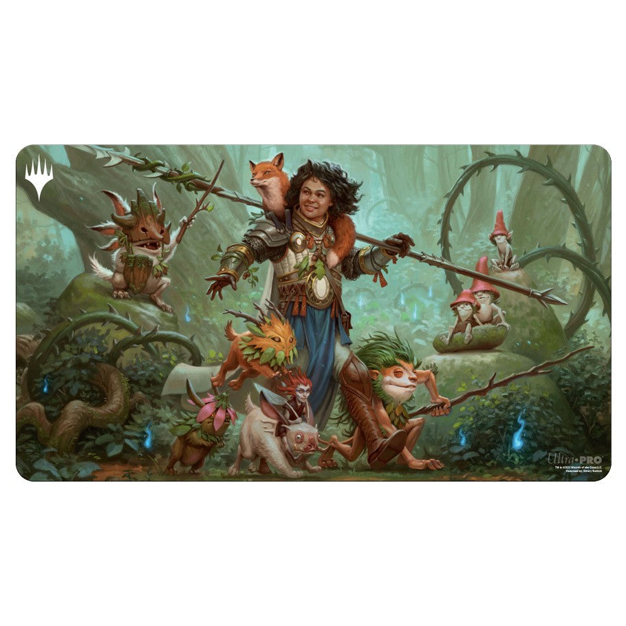 Ultra Pro Playmat - Wilds of Eldraine - Ellivere - Playmat featuring a fantasy forest scene with a warrior woman and whimsical creatures in vibrant colors.