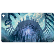 Ultra Pro Playmat - Wilds of Eldraine - Restless Fortress - Dark fantasy playmat featuring a towering fortress with glowing blue entrance and twisting tentacle-like structures against.