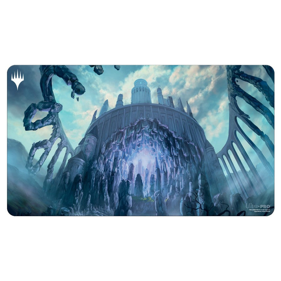 Ultra Pro Playmat - Wilds of Eldraine - Restless Fortress - Dark fantasy playmat featuring a towering fortress with glowing blue entrance and twisting tentacle-like structures against.