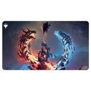 Ultra Pro Playmat - Wilds of Eldraine - Restless Spire - Gaming playmat with fiery red and icy blue dragon heads swirling around a dark, mystical spire background.