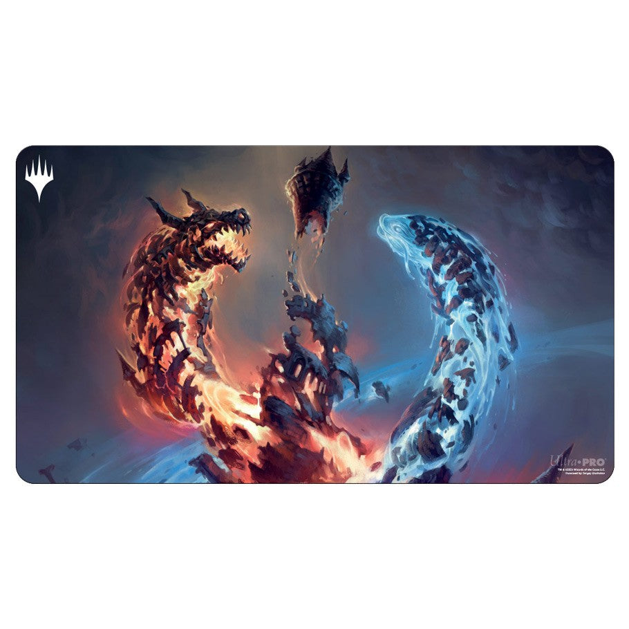 Ultra Pro Playmat - Wilds of Eldraine - Restless Spire - Gaming playmat with fiery red and icy blue dragon heads swirling around a dark, mystical spire background.