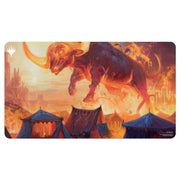 Ultra Pro Playmat - Wilds of Eldraine - Restless Bivouac - Rectangular playmat with vibrant fantasy artwork of a fiery red bull leaping over tents under a glowing orange sky.